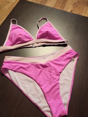 Pink Triangle Bikini Set with Contrast Trim